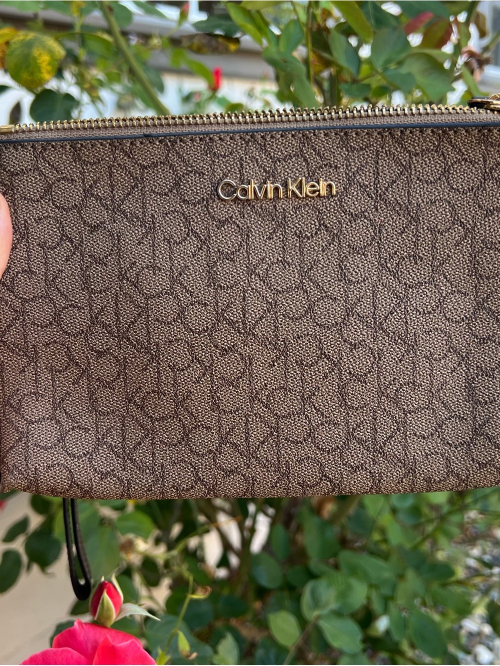 Calvin Klein Chocolate Logo Zip Wristlet with Gold Hardware